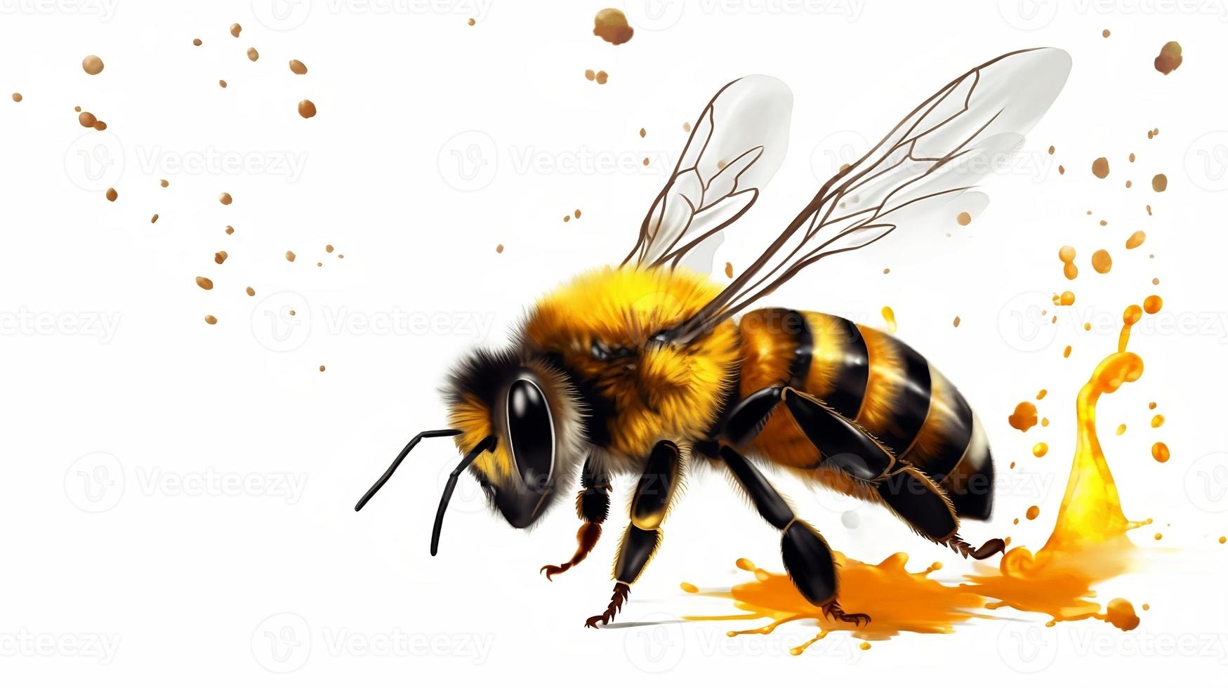 Honey bee above honey - Detail of bee or honeybee, AI generative, photo