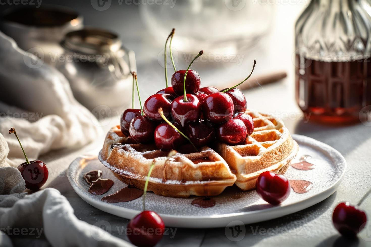 Closed up of strawberry cake  and waffle with fruit nordic style photo