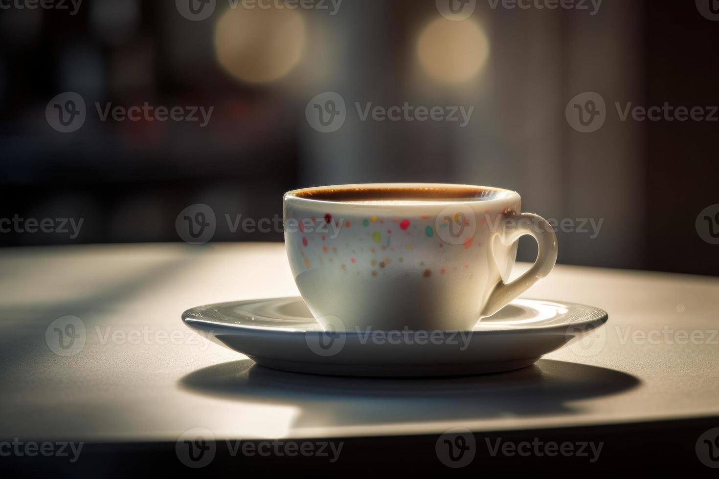 Close up of cap of coffee with smoke on table. photo