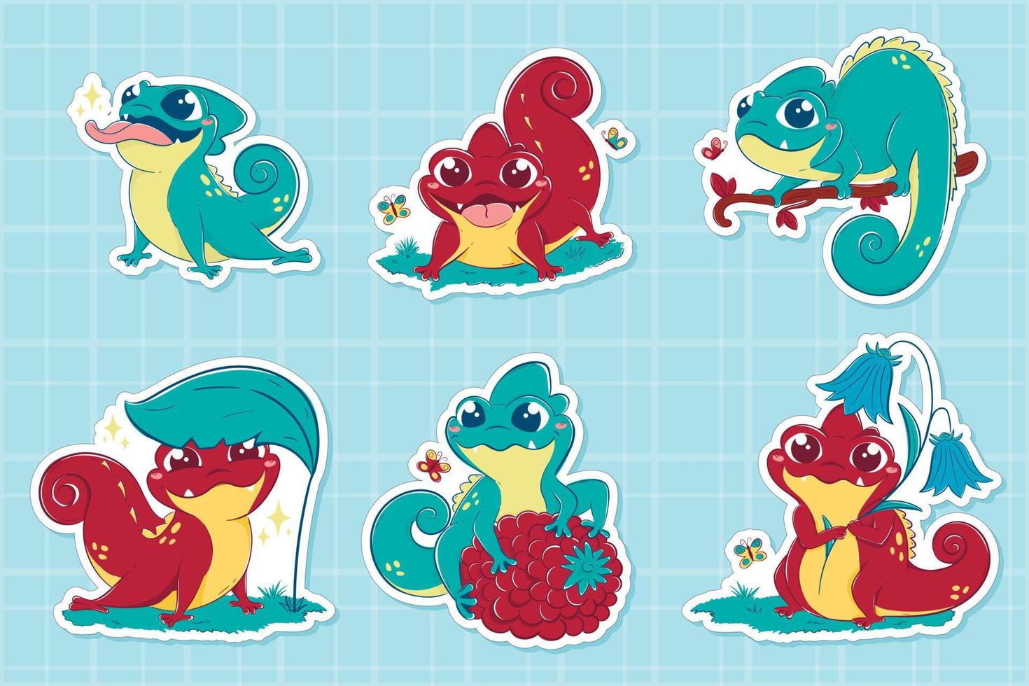 Collection of children's stickers with cute lizards in different poses with greens and fruits, butterflies around. Brightly colored vector children's drawing ready for print