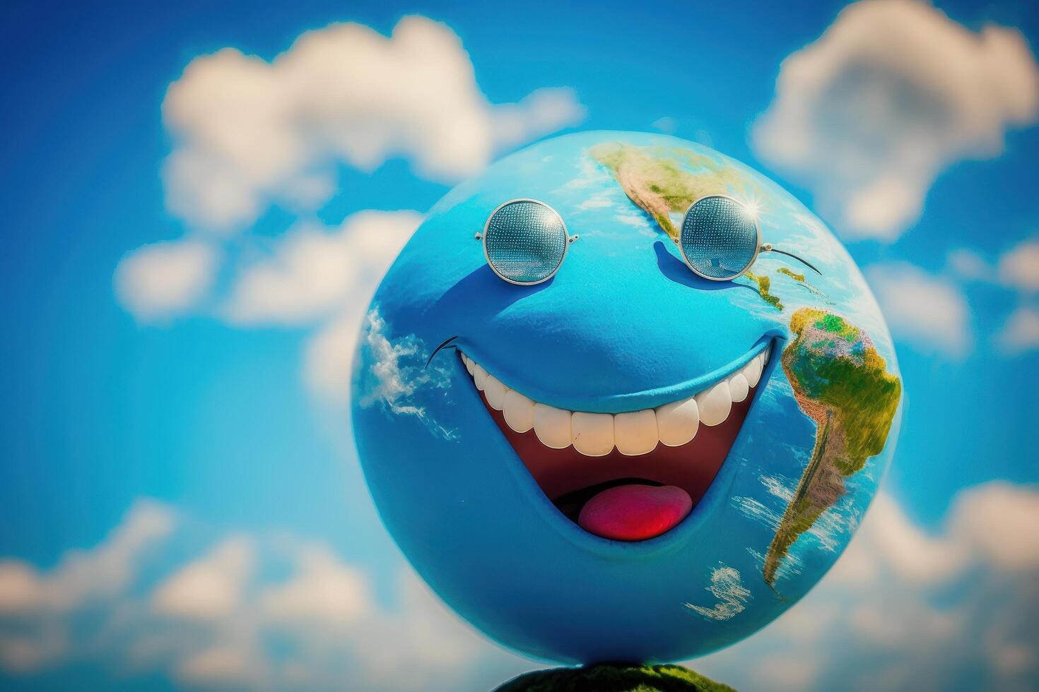 Cute earth character laughting on blue sky background, Happy Earth day, World laughter day. photo