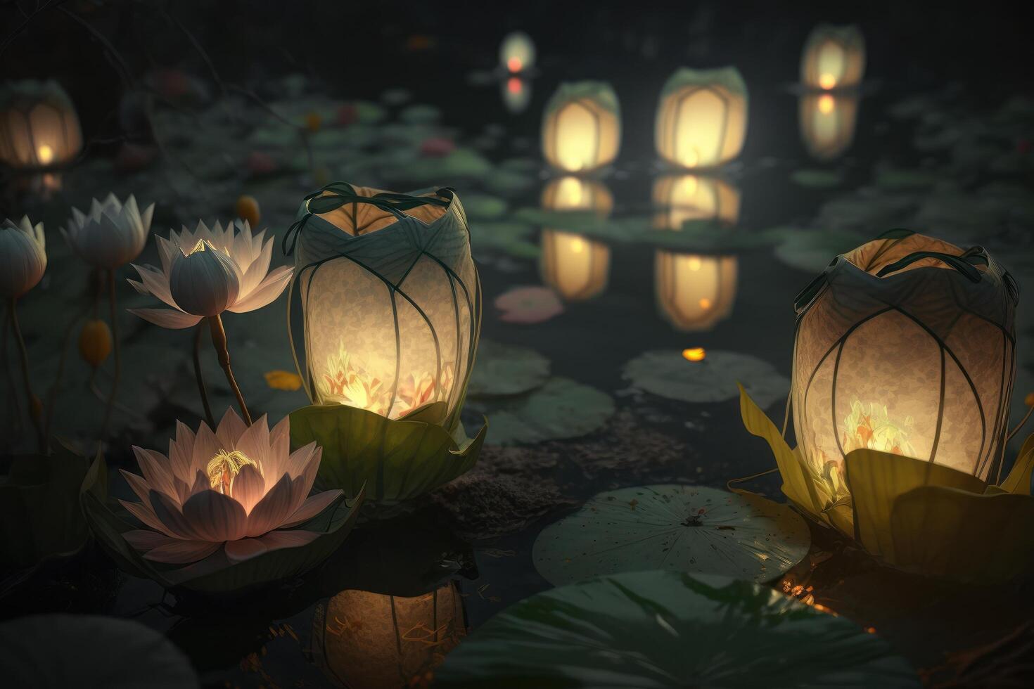 Lotus Lanterns floating on river with candle light background, Buddha purnima Vesak day. photo