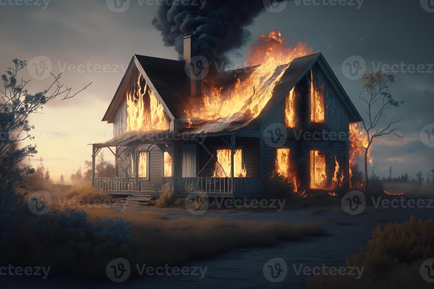 House or fire and Burning down, Home insurance concept. photo