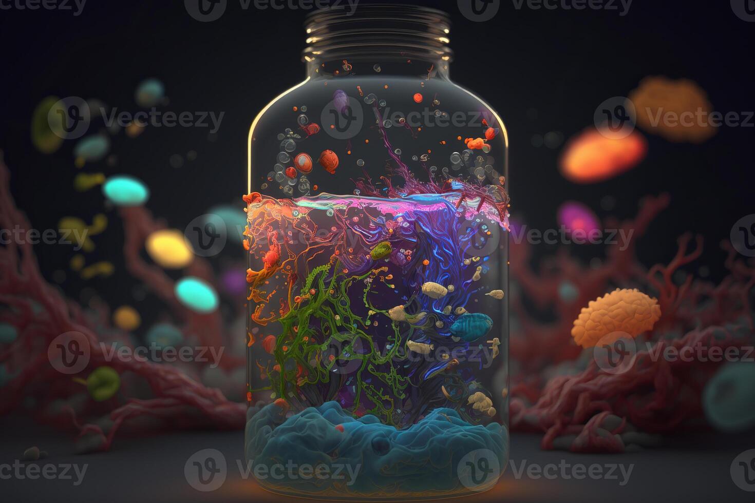 Realistic colorful bacteria in a glass bottle closed environment. Created with photo