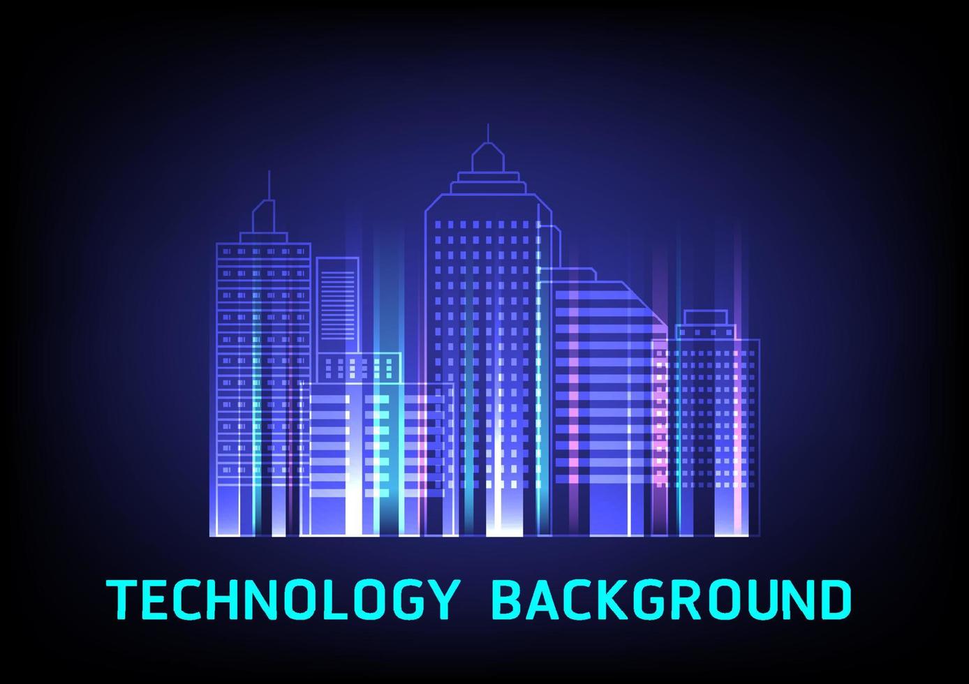 resumen antecedentes tecnología digital ciudad a noche con edificios, torres y apartamentos con brillante vigas de ligero. azul degradado antecedentes vector