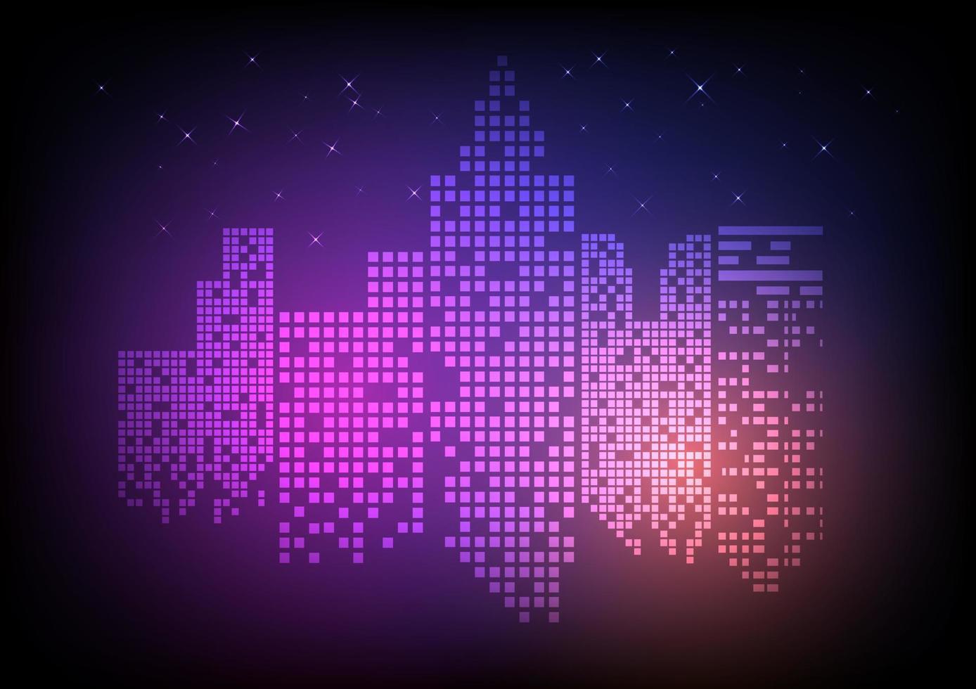 abstract background technology future city The digital building is illuminated. orange with pink and The stars that shine in the sky On a dark blue gradient background vector