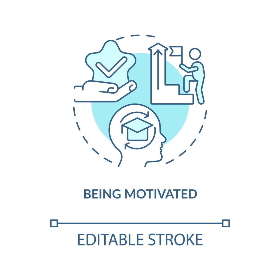 Being motivated turquoise concept icon. Reaching success. Industry specific education abstract idea thin line illustration. Isolated outline drawing. Editable stroke vector