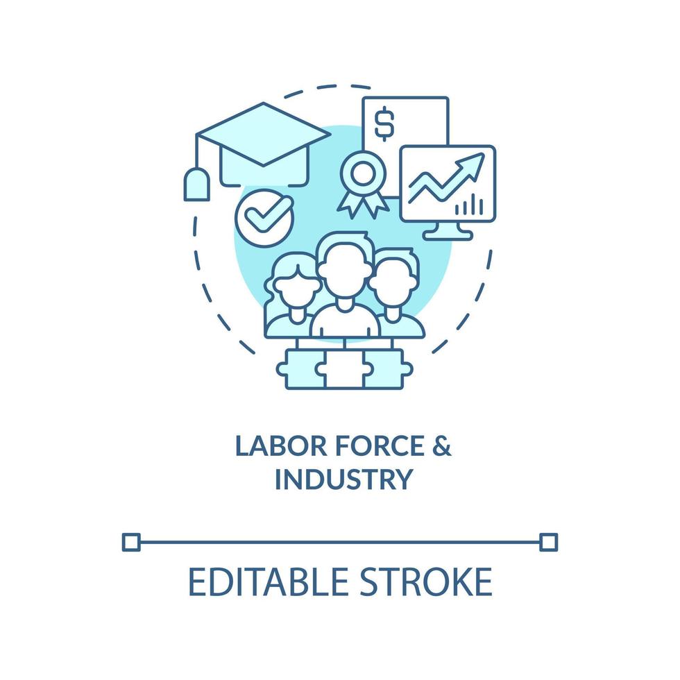 Labor force and industry turquoise concept icon. Industry specific education abstract idea thin line illustration. Isolated outline drawing. Editable stroke vector