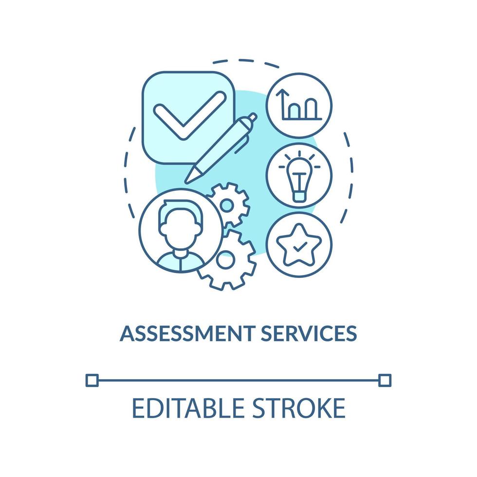 Assessment services turquoise concept icon. Supplementary education provider abstract idea thin line illustration. Isolated outline drawing. Editable stroke vector