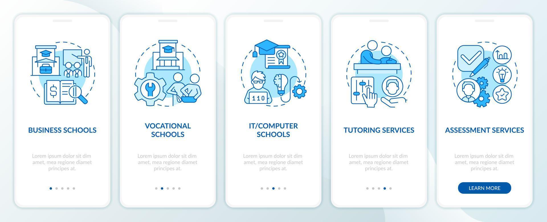 Supplemental education service blue onboarding mobile app screen. Walkthrough 5 steps editable graphic instructions with linear concepts. UI, UX, GUI template vector