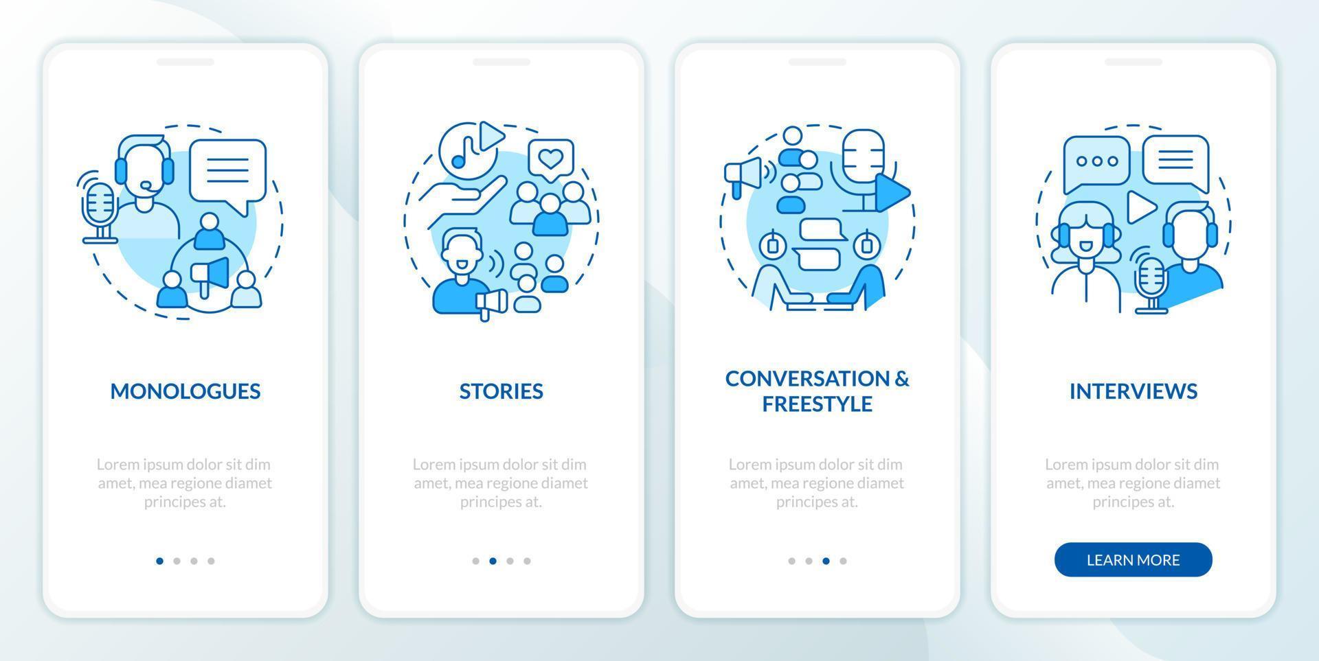 Common podcast formats blue onboarding mobile app screen. Walkthrough 4 steps editable graphic instructions with linear concepts. UI, UX, GUI template vector