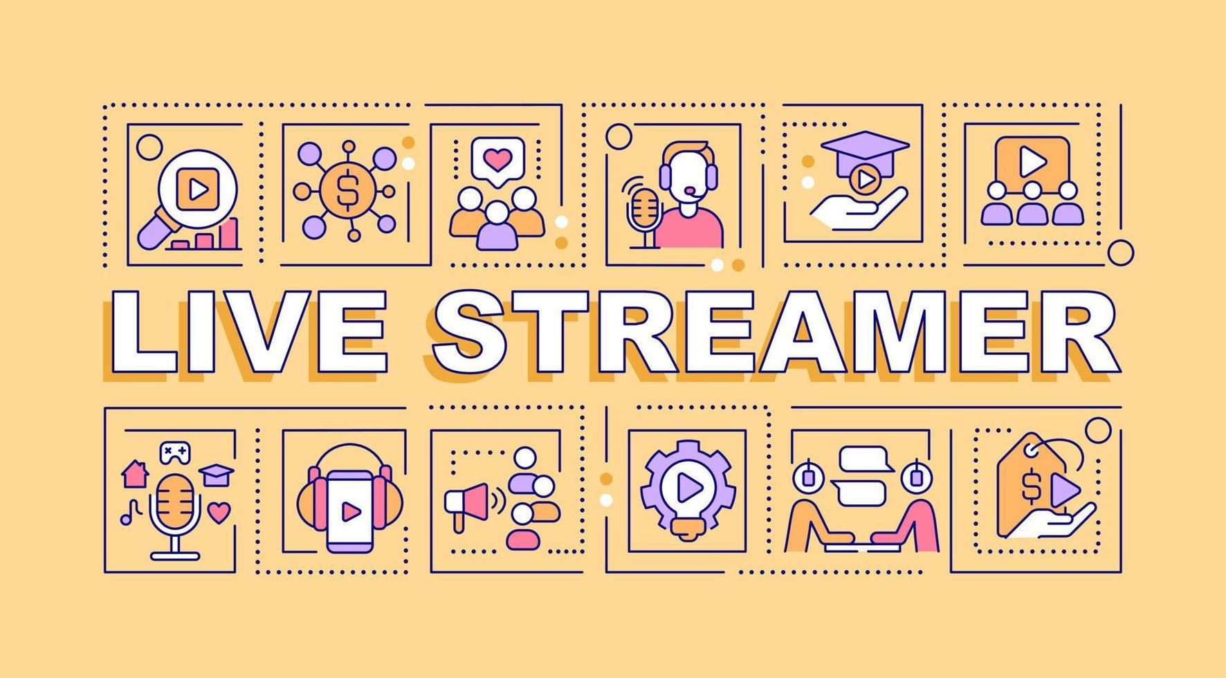 Live streamer word concepts orange banner. Real time broadcast. Infographics with editable icons on color background. Isolated typography. Vector illustration with text