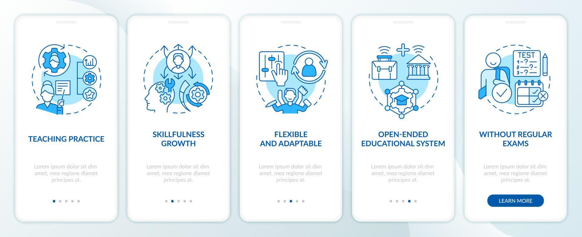 Advantages of non formal education blue onboarding mobile app screen. Walkthrough 5 steps editable graphic instructions with linear concepts. UI, UX, GUI template vector