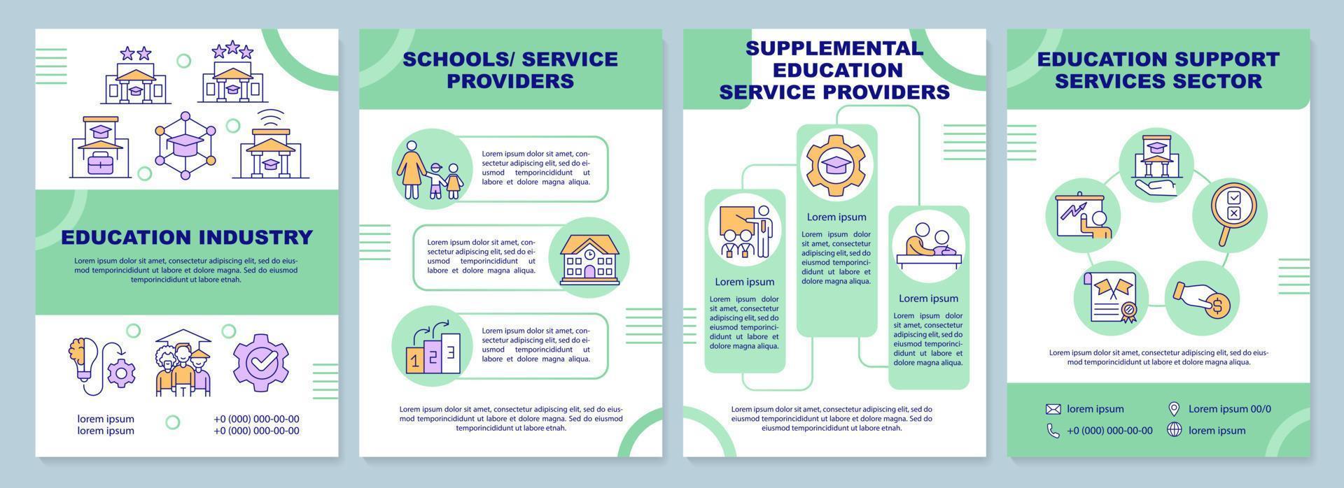 Definition of education industry green brochure template. Leaflet design with linear icons. Editable 4 vector layouts for presentation, annual reports