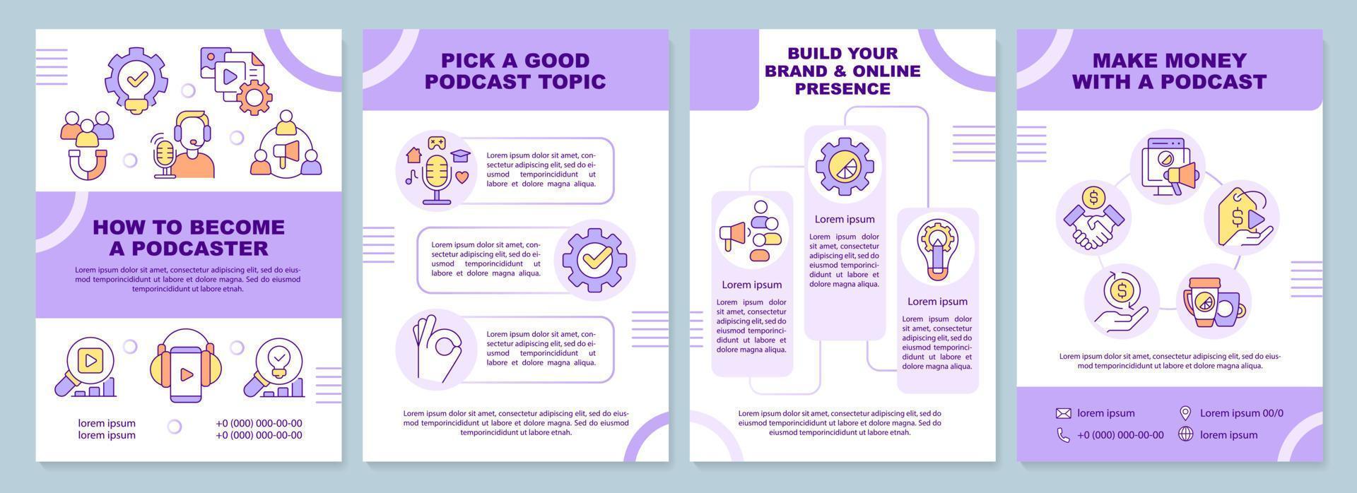 Become podcaster tips brochure template. Live streaming. Leaflet design with linear icons. Editable 4 vector layouts for presentation, annual reports