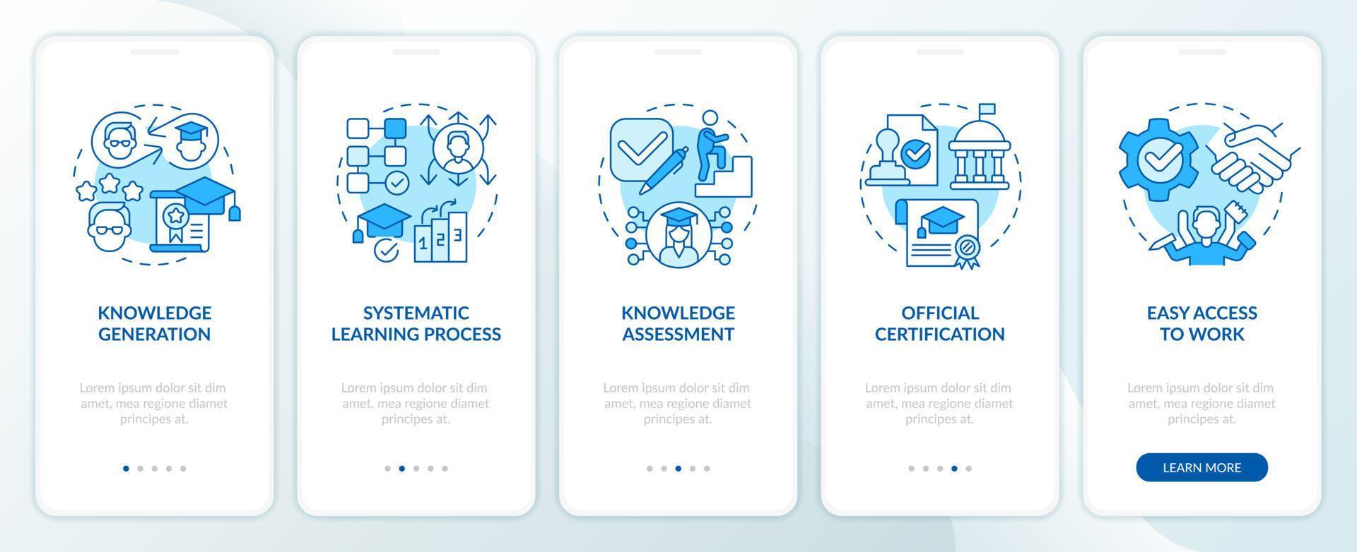 Advantages of formal education blue onboarding mobile app screen. Walkthrough 5 steps editable graphic instructions with linear concepts. UI, UX, GUI template vector