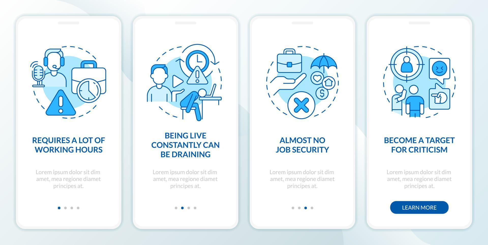 Live streaming disadvantages blue onboarding mobile app screen. Walkthrough 4 steps editable graphic instructions with linear concepts. UI, UX, GUI template vector