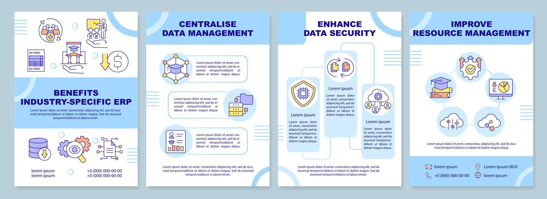 Benefits of industry specific ERP blue brochure template. Leaflet design with linear icons. Editable 4 vector layouts for presentation, annual reports
