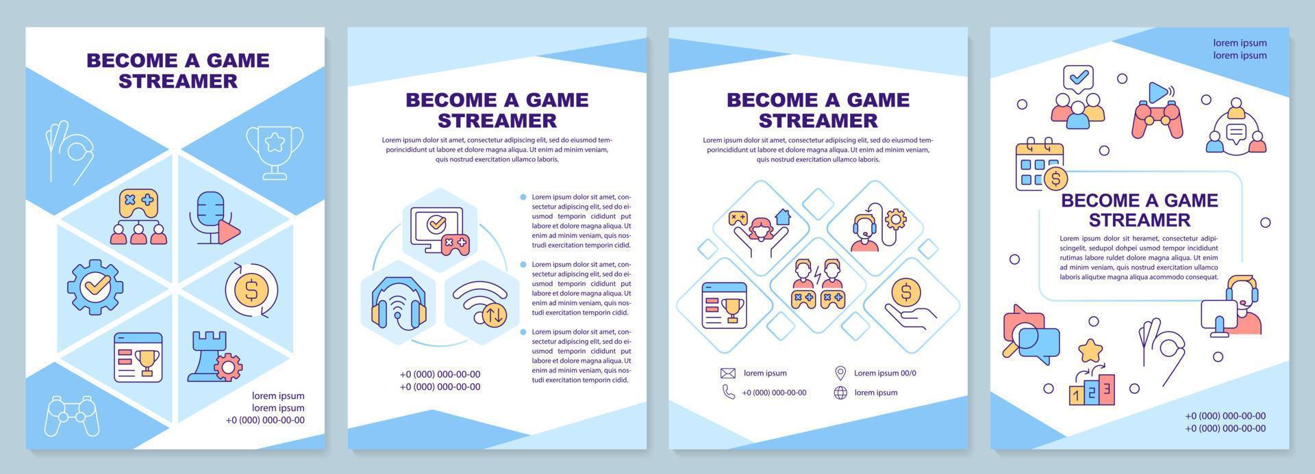 Become game streamer brochure template. Live streaming. Leaflet design with linear icons. Editable 4 vector layouts for presentation, annual reports