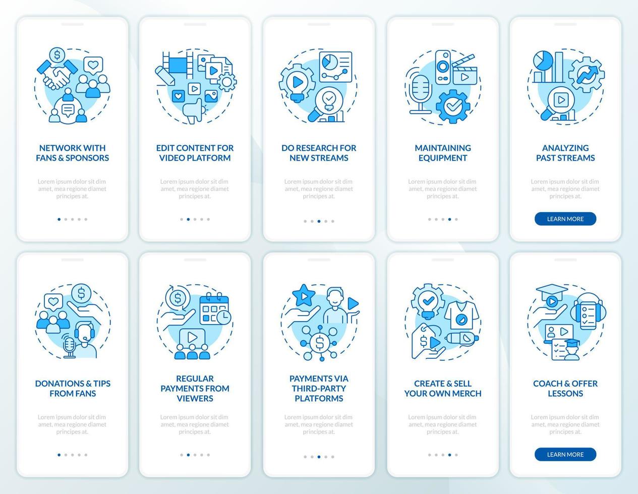 Successful streamer activity blue onboarding mobile app screen set. Walkthrough 5 steps editable graphic instructions with linear concepts. UI, UX, GUI template vector