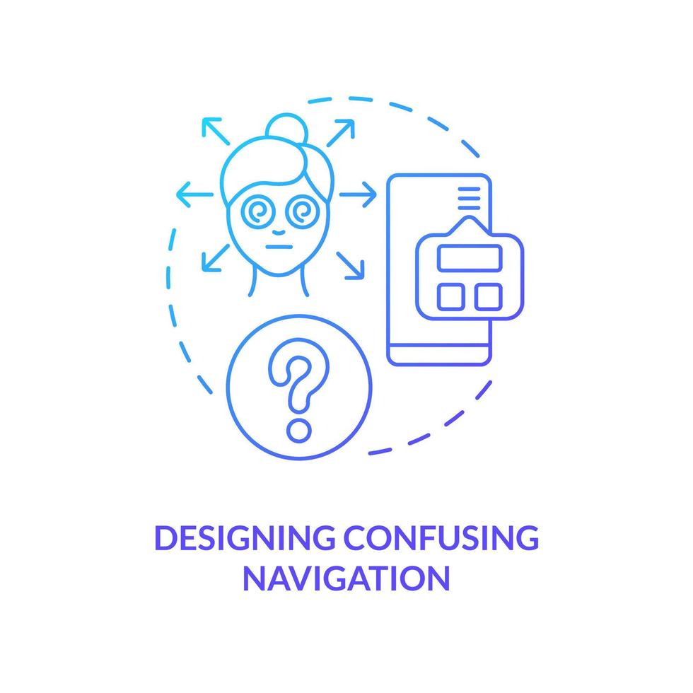 Designing confusing navigation blue gradient concept icon. Web development issue. Frequent UX mistake abstract idea thin line illustration. Isolated outline drawing vector