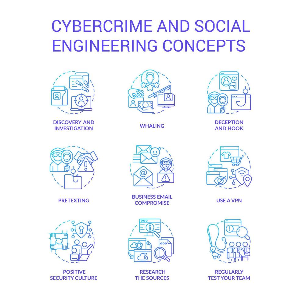 cibercrimen y social Ingenieria azul degradado concepto íconos colocar. digital seguridad. hacker ataques idea Delgado línea color ilustraciones. aislado símbolos vector