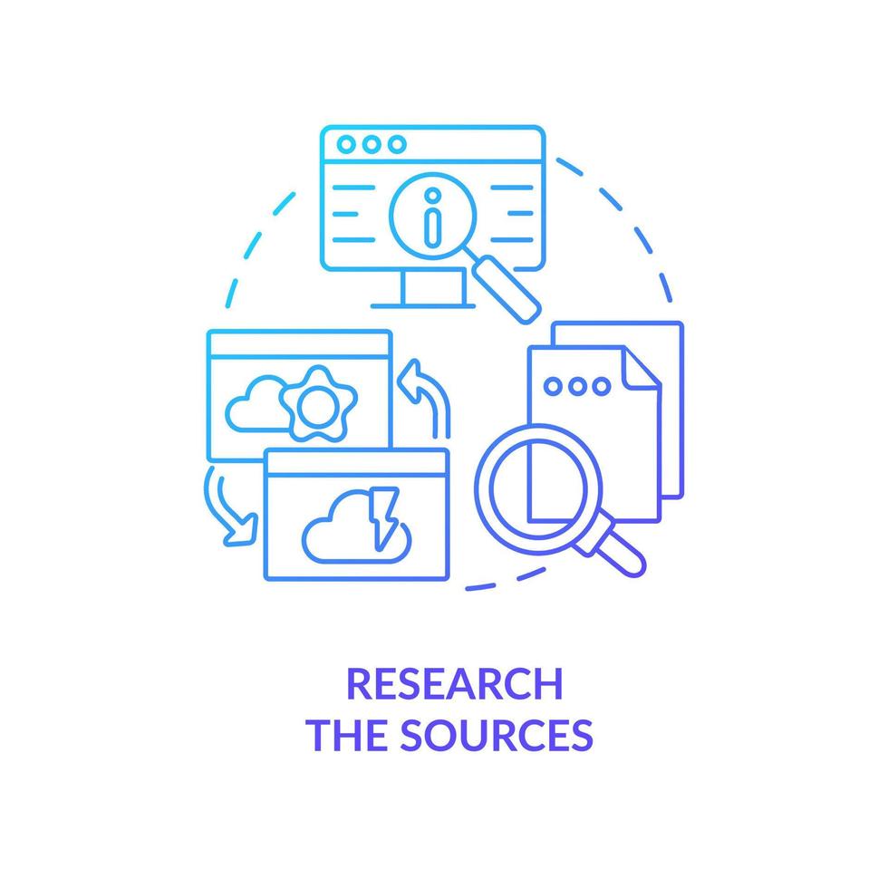 Research sources blue gradient concept icon. Check information in Internet. Search proofs. Avoid fakes abstract idea thin line illustration. Isolated outline drawing vector