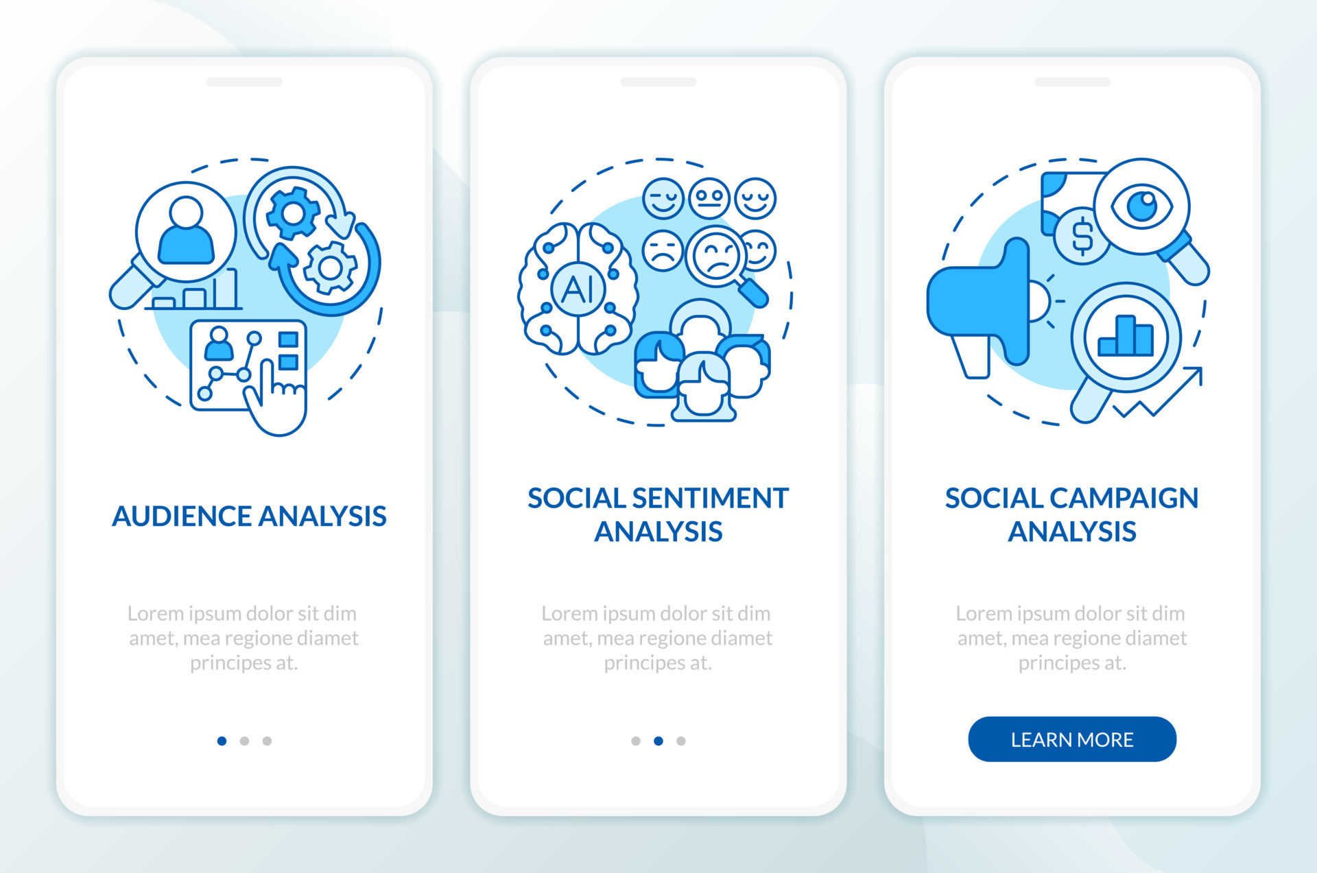 Social media research layers blue onboarding mobile app screen. Walkthrough 3 steps editable