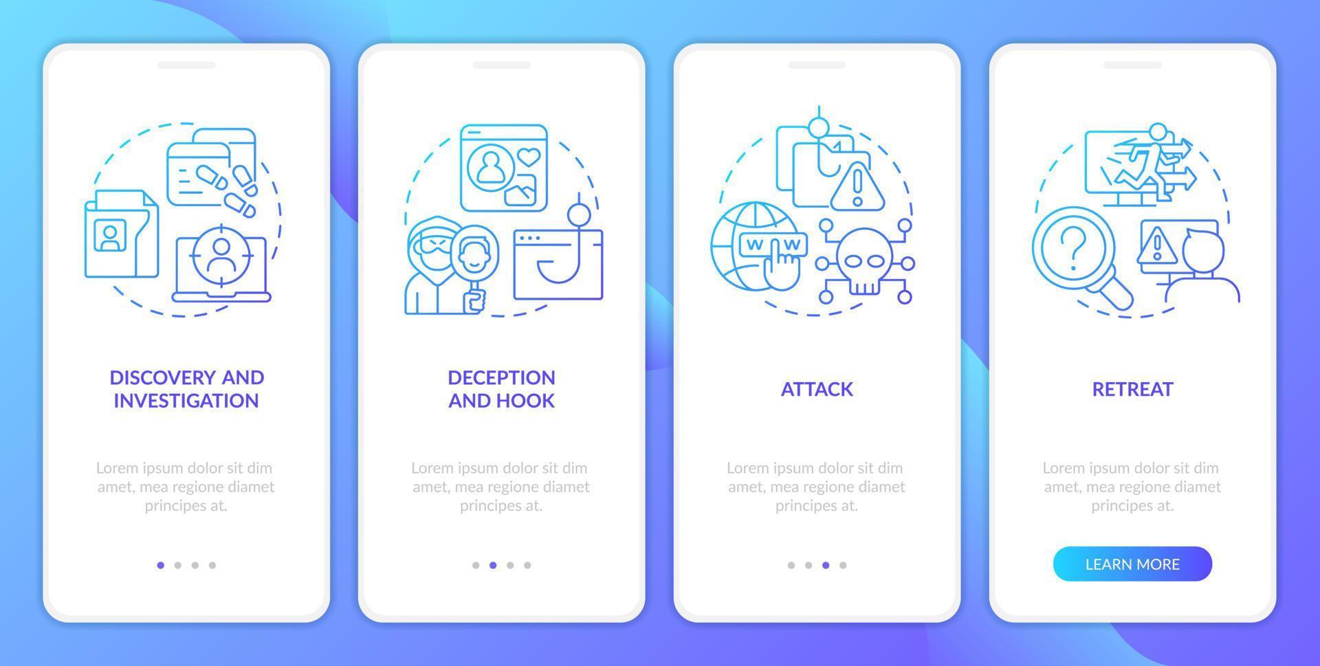 Strategy of cyberattacks blue gradient onboarding mobile app screen. Walkthrough 4 steps graphic instructions with linear concepts. UI, UX, GUI template vector