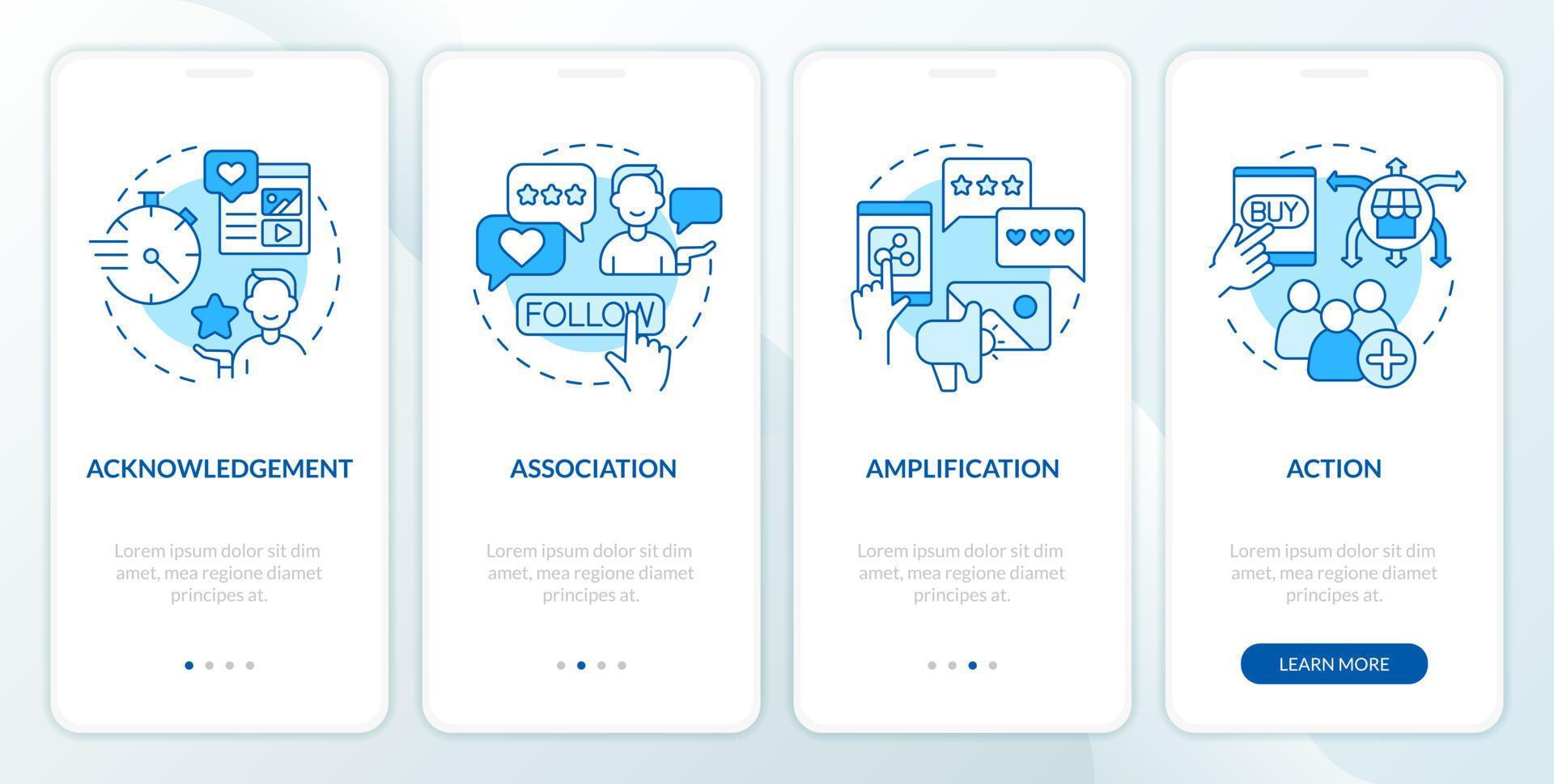 Types of social media engagement blue onboarding mobile app screen. Walkthrough 4 steps editable graphic instructions with linear concepts. UI, UX, GUI template vector