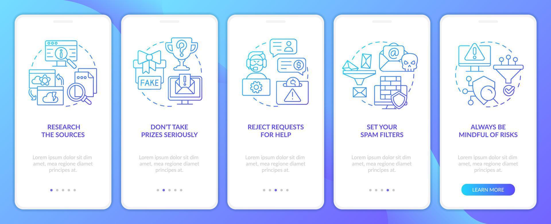 Digital protection tips blue gradient onboarding mobile app screen. Walkthrough 5 steps graphic instructions with linear concepts. UI, UX, GUI template vector