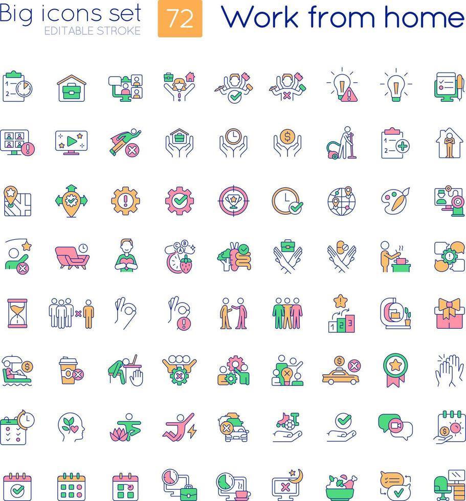 Work from home RGB color icons set. Remote job. Mobility workplace. Isolated vector illustrations. Simple filled line drawings collection. Editable stroke