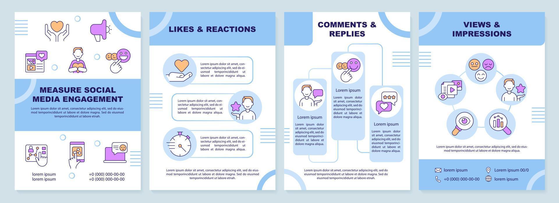 Measure social media engagement blue brochure template. Leaflet design with linear icons. Editable 4 vector layouts for presentation, annual reports