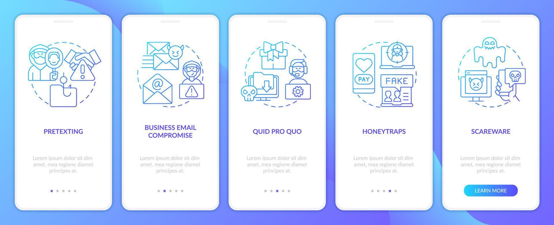 Types of digital scam blue gradient onboarding mobile app screen. Online threat walkthrough 5 steps graphic instructions with linear concepts. UI, UX, GUI template vector