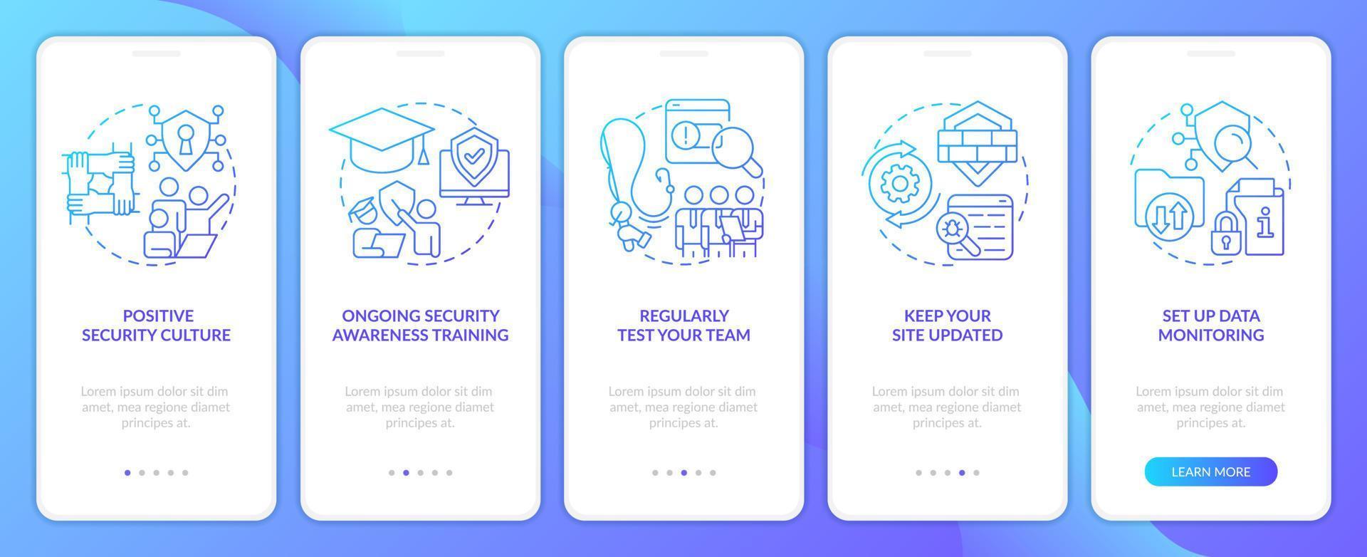 Business digital safety tips blue gradient onboarding mobile app screen. Walkthrough 5 steps graphic instructions with linear concepts. UI, UX, GUI template vector