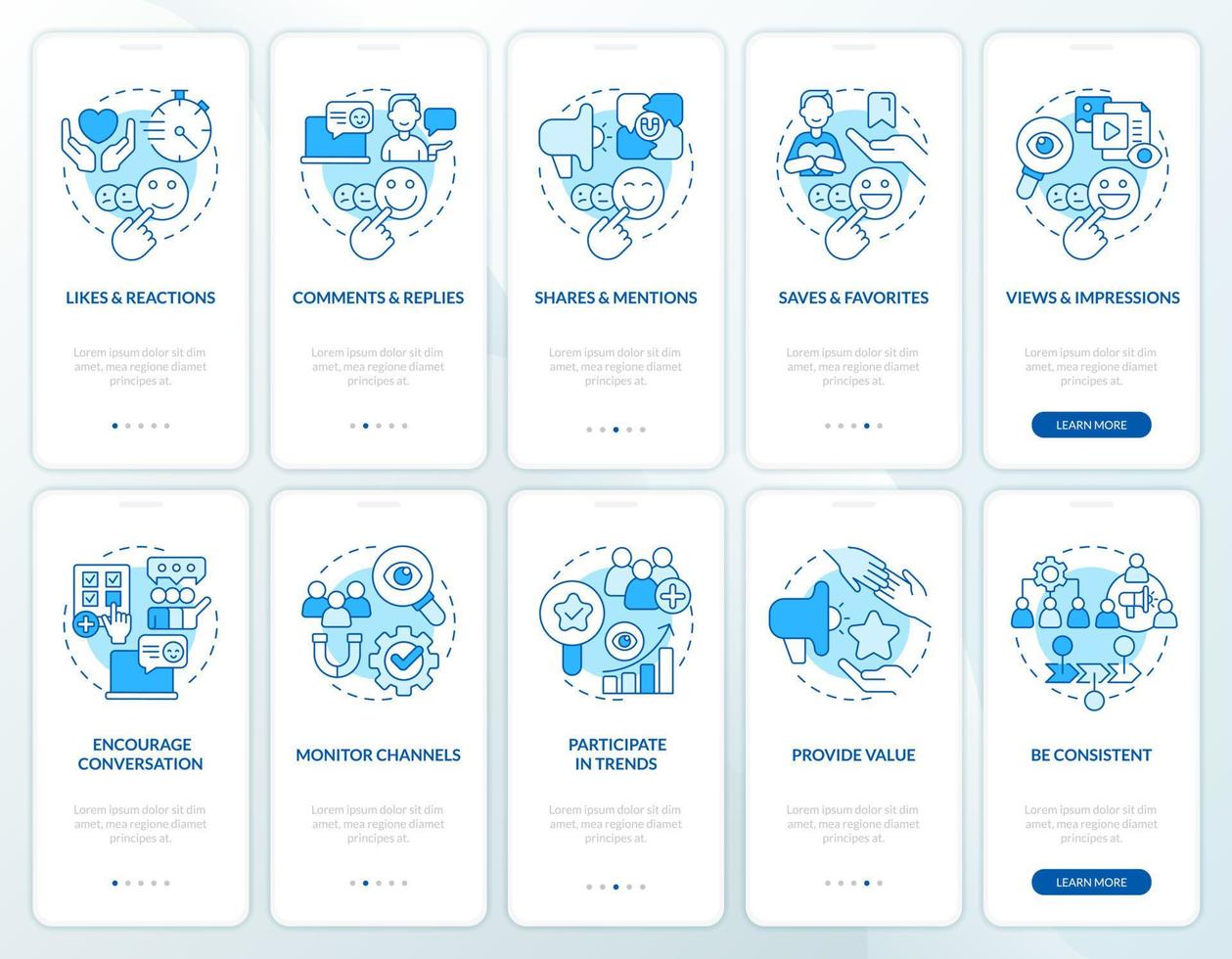 Social media interaction blue onboarding mobile app screen set. Walkthrough 5 steps editable graphic instructions with linear concepts. UI, UX, GUI template vector