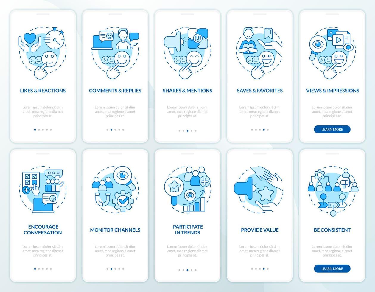 Social media interaction blue onboarding mobile app screen set. Walkthrough 5 steps editable graphic instructions with linear concepts. UI, UX, GUI template vector