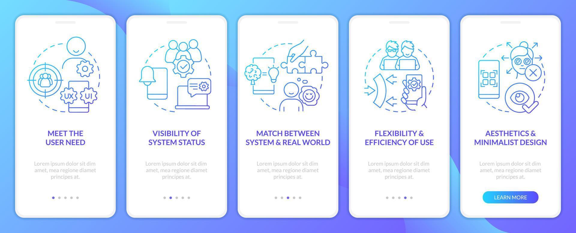 User experience design research blue gradient onboarding mobile app screen. Walkthrough 5 steps graphic instructions with linear concepts. UI, UX, GUI template vector