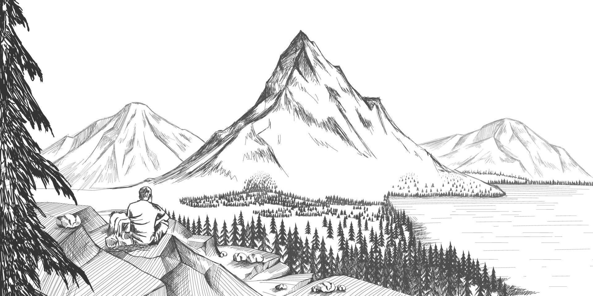 Sketch of man with backpack on top of mountain Hand drawn vector illustration