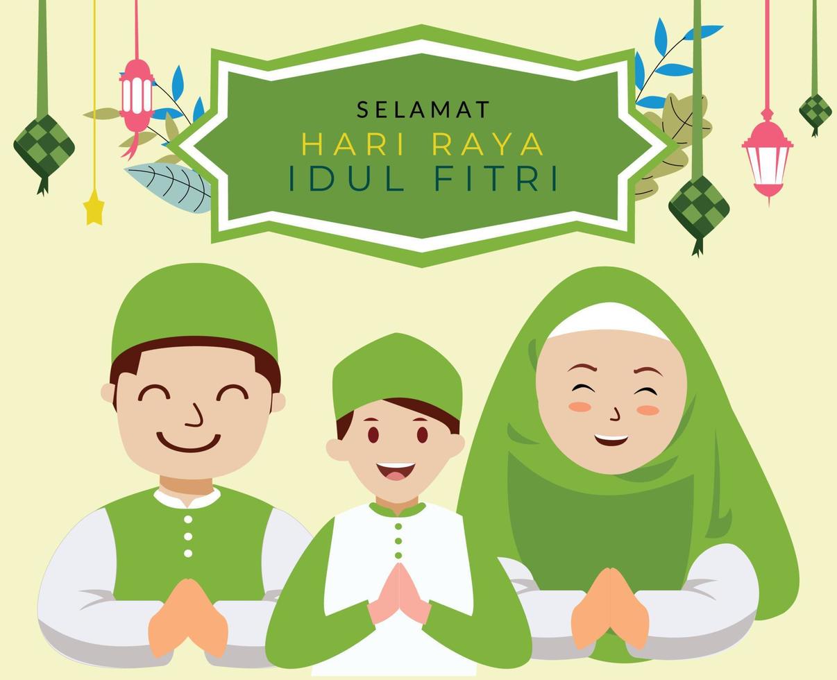 eid mubarak greeting card with hand drawn family cartoon characters vector