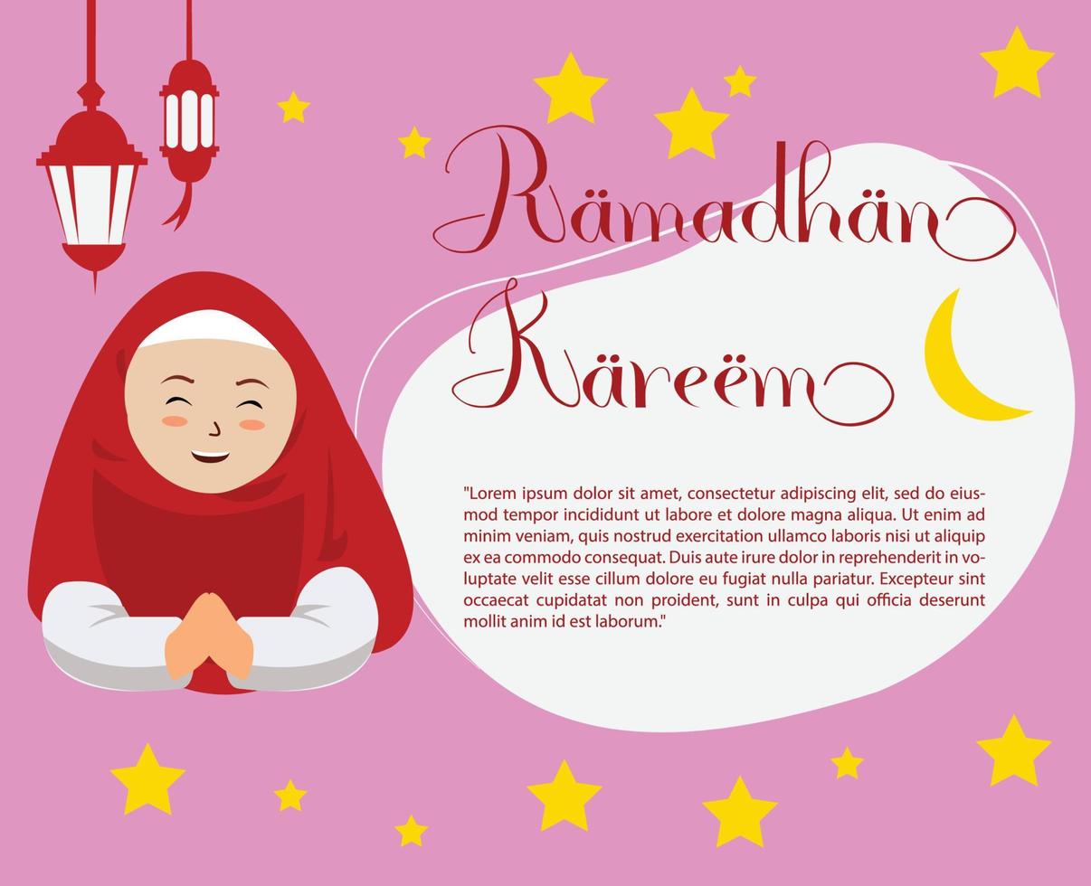 contento Ramadán saludo tarjeta con dibujos animados personaje de musulmán mujer. contento Ramadán saludo tarjeta decorado con linternas, estrellas, creciente Luna y vacío espacio vector