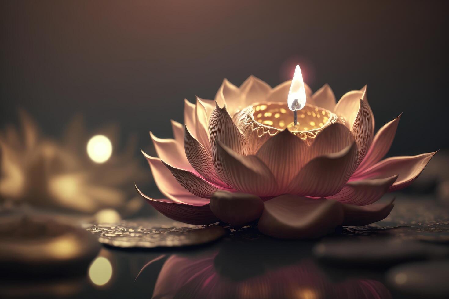 Lotus flower with candle light background, Buddha purnima Vesak day. photo