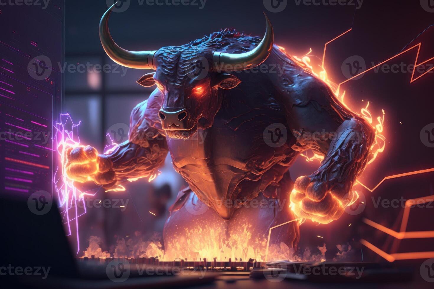 Fire sculpture of Bull, Bullish divergence in Stock market and Crypto currency. Created photo