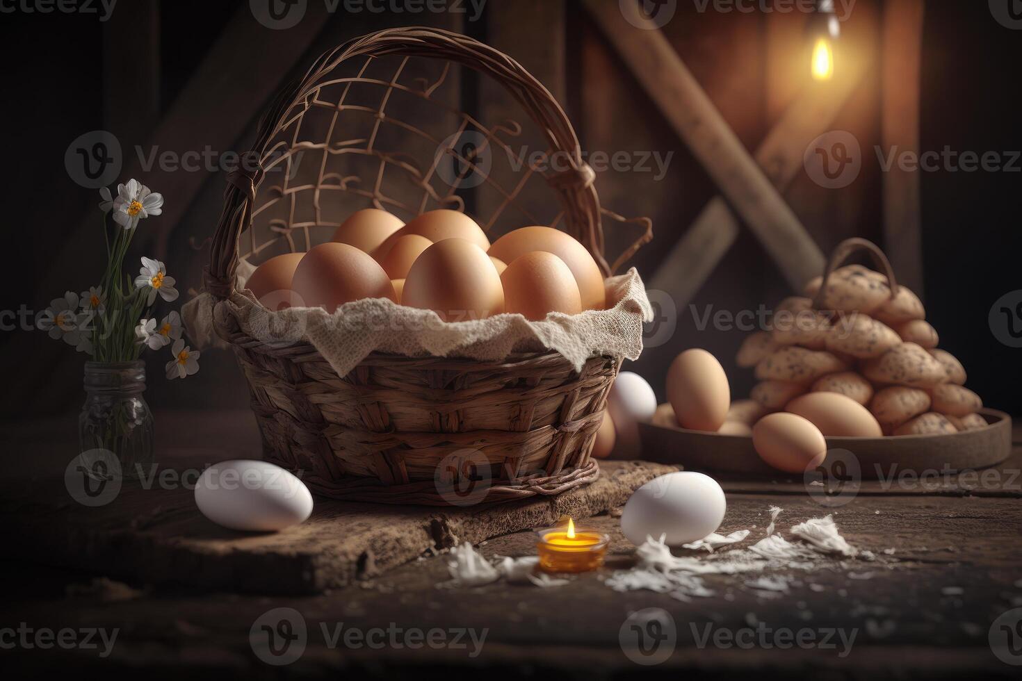 Chicken eggs in the basket background. photo