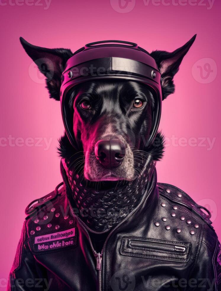 Portrait of bad dogs wearing jacket on pink background. Created photo