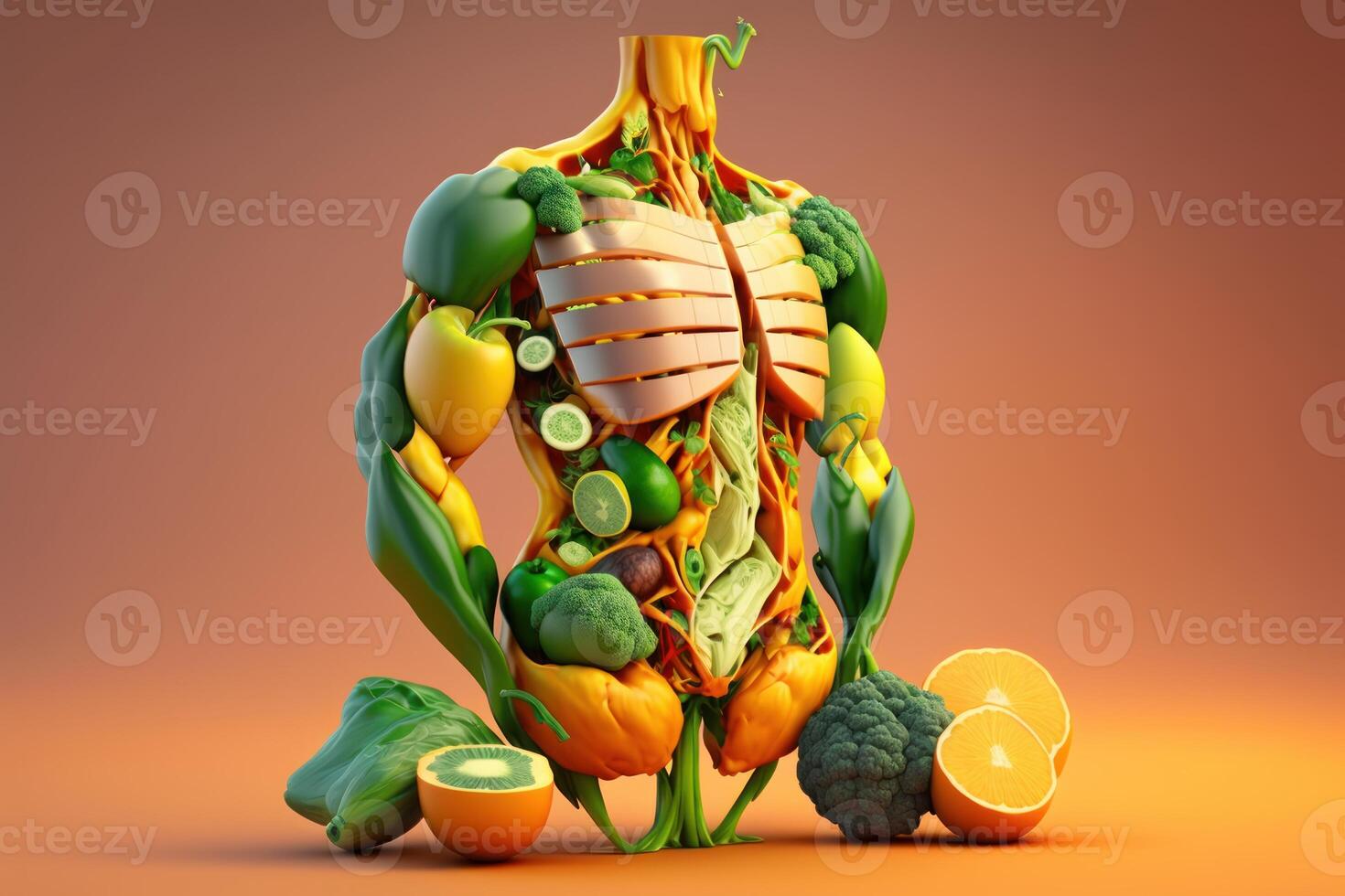 vegetales formando un humano cuerpo metabolismo y nutrición, comiendo dieta comida para energía y digestión. creado generativo ai foto