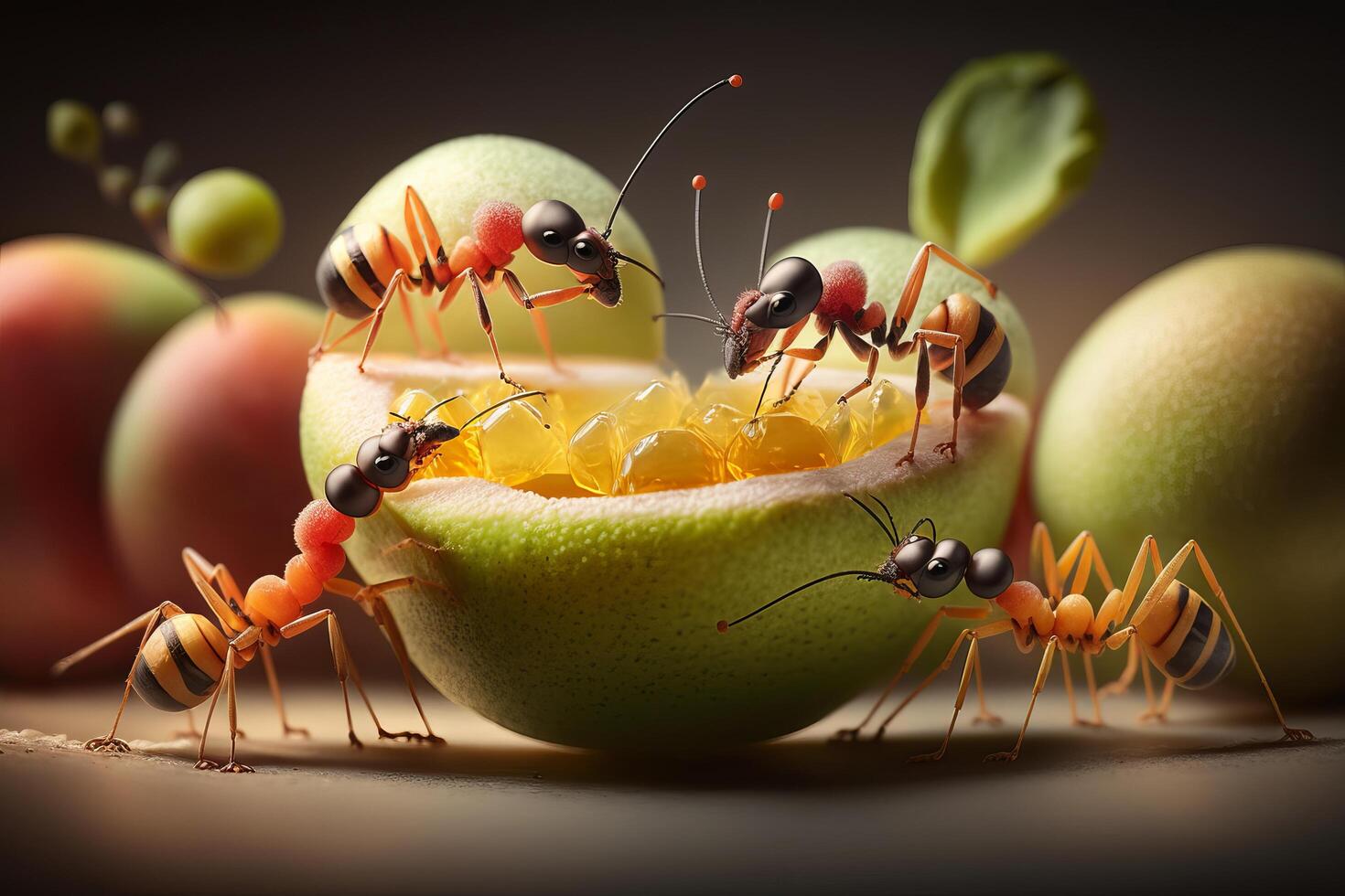 Close up Realistic Ants finding food over colorful fruits. Created with photo