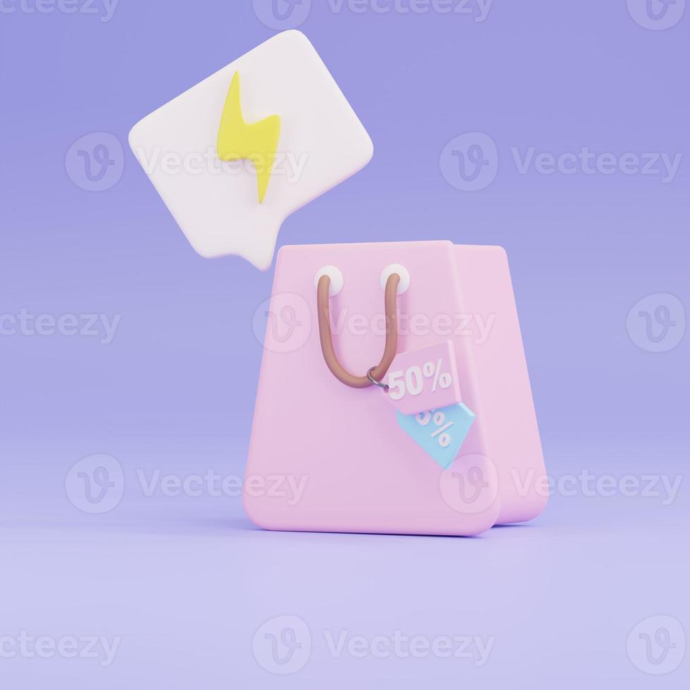 3d render Shopping basket with percent symbol on blue background. photo