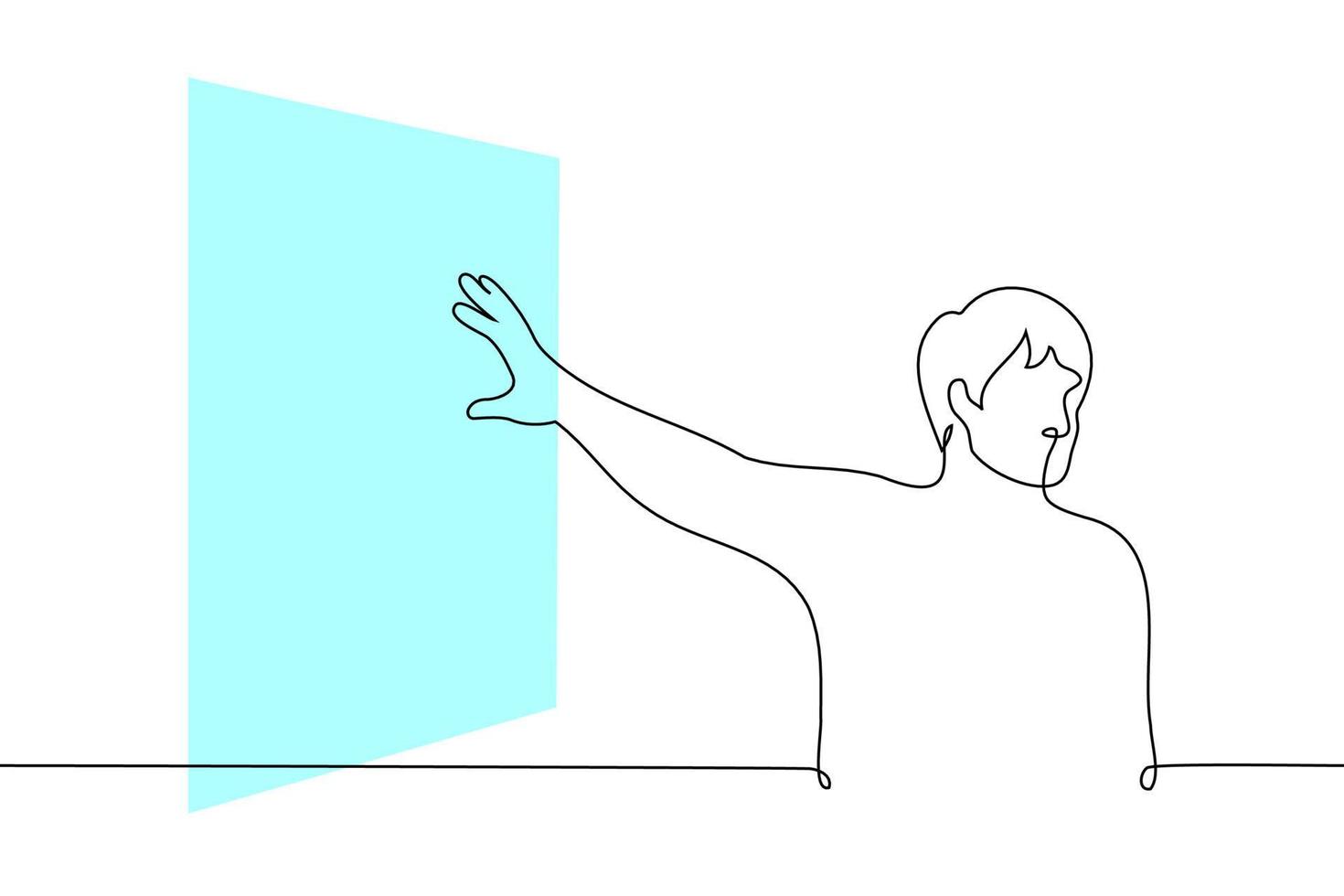 man stands pointing behind his back at the blue projection on the wall - one line drawing vector. concept lecture or presentation vector