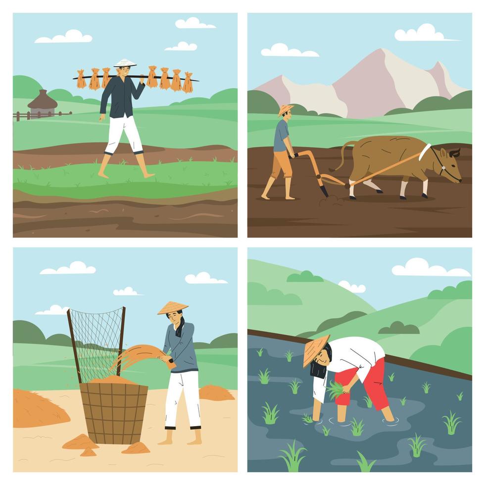 Asian Farmers 2x2 Set vector